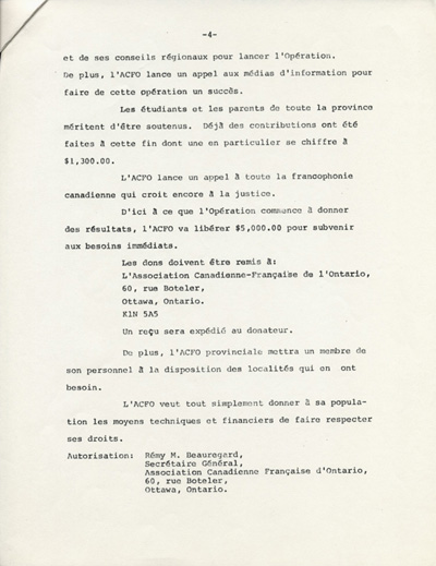 Reproduction de la quatri&egrave;me page d’un communiqu&eacute; de presse de l’Association canadienne-fran&ccedil;aise de l’Ontario (ACFO) au sujet de l’Op&eacute;ration anti-assimilation, 8 septembre 1971.