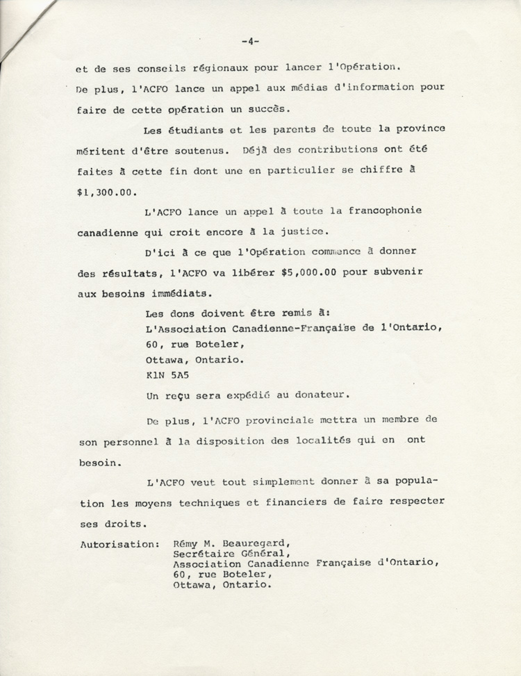 Reproduction de la quatri&egrave;me page d’un communiqu&eacute; de presse de l’Association canadienne-fran&ccedil;aise de l’Ontario (ACFO) au sujet de l’Op&eacute;ration anti-assimilation, 8 septembre 1971.