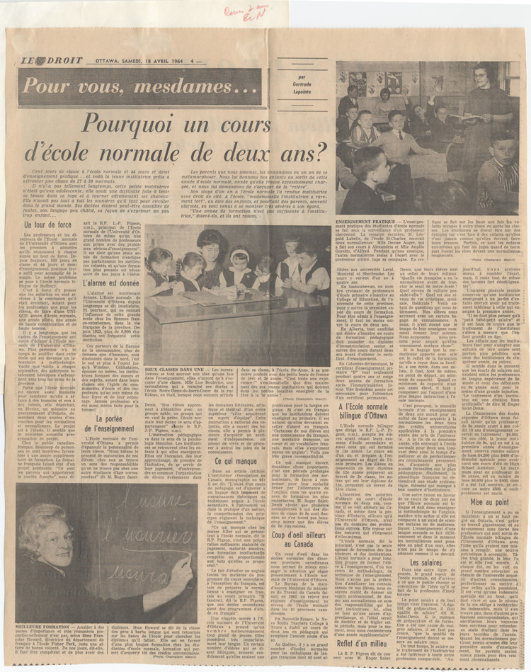 Reproduction d’un article de Gertrude Lapointe intitul&eacute; Pourquoi un cours d’&eacute;cole normale de deux ans ? paru &agrave; la quatri&egrave;me page du journal Le Droit, 18 avril 1964.
