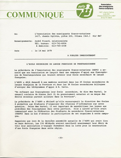 Reproduction d’un communiqu&eacute; intitul&eacute; L’&eacute;cole secondaire de langue fran&ccedil;aise de Penetanguishene, par l’Association des enseignants franco-ontariens (AEFO), 14 mai 1979.