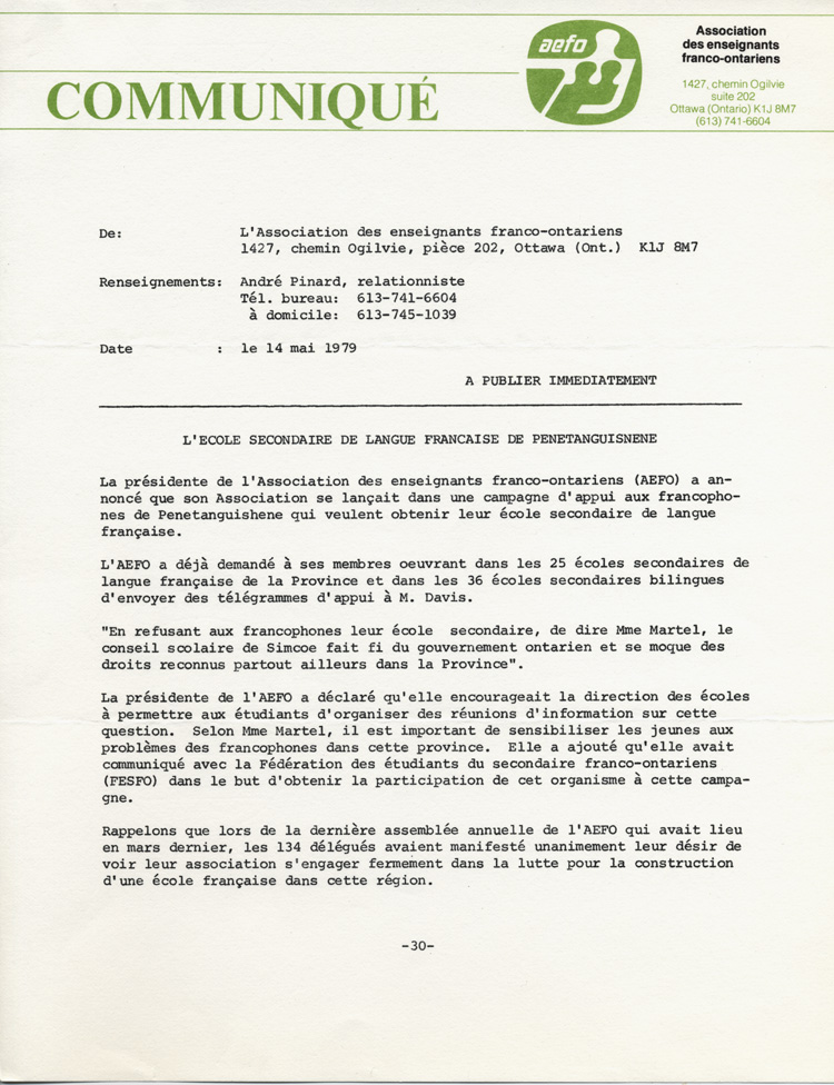 Reproduction d’un communiqu&eacute; intitul&eacute; L’&eacute;cole secondaire de langue fran&ccedil;aise de Penetanguishene, par l’Association des enseignants franco-ontariens (AEFO), 14 mai 1979.