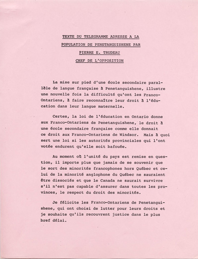 Reproduction du texte du t&eacute;l&eacute;gramme adress&eacute; &agrave; la population de Penetanguishene (Ontario) par Pierre Elliot Trudeau, 1979.