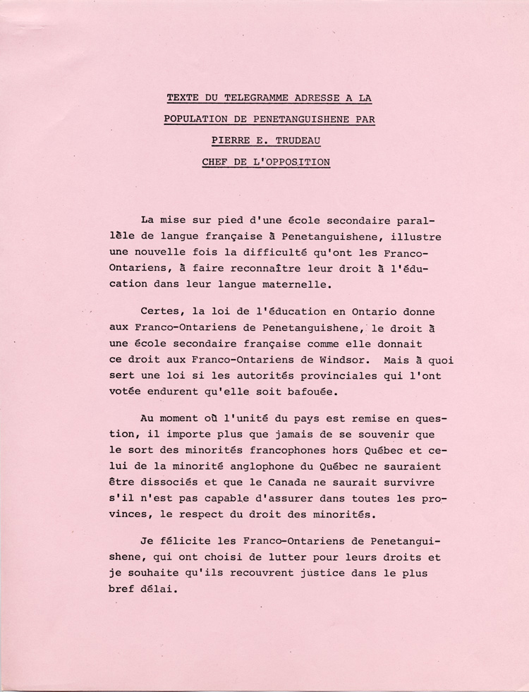 Reproduction du texte du t&eacute;l&eacute;gramme adress&eacute; &agrave; la population de Penetanguishene (Ontario) par Pierre Elliot Trudeau, 1979.