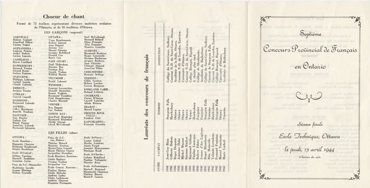 Reproduction du recto du dépliant du septième concours provincial de français, séance finale, à l’École technique, Ottawa (Ontario), jeudi 13 avril 1944, avril 1944.
