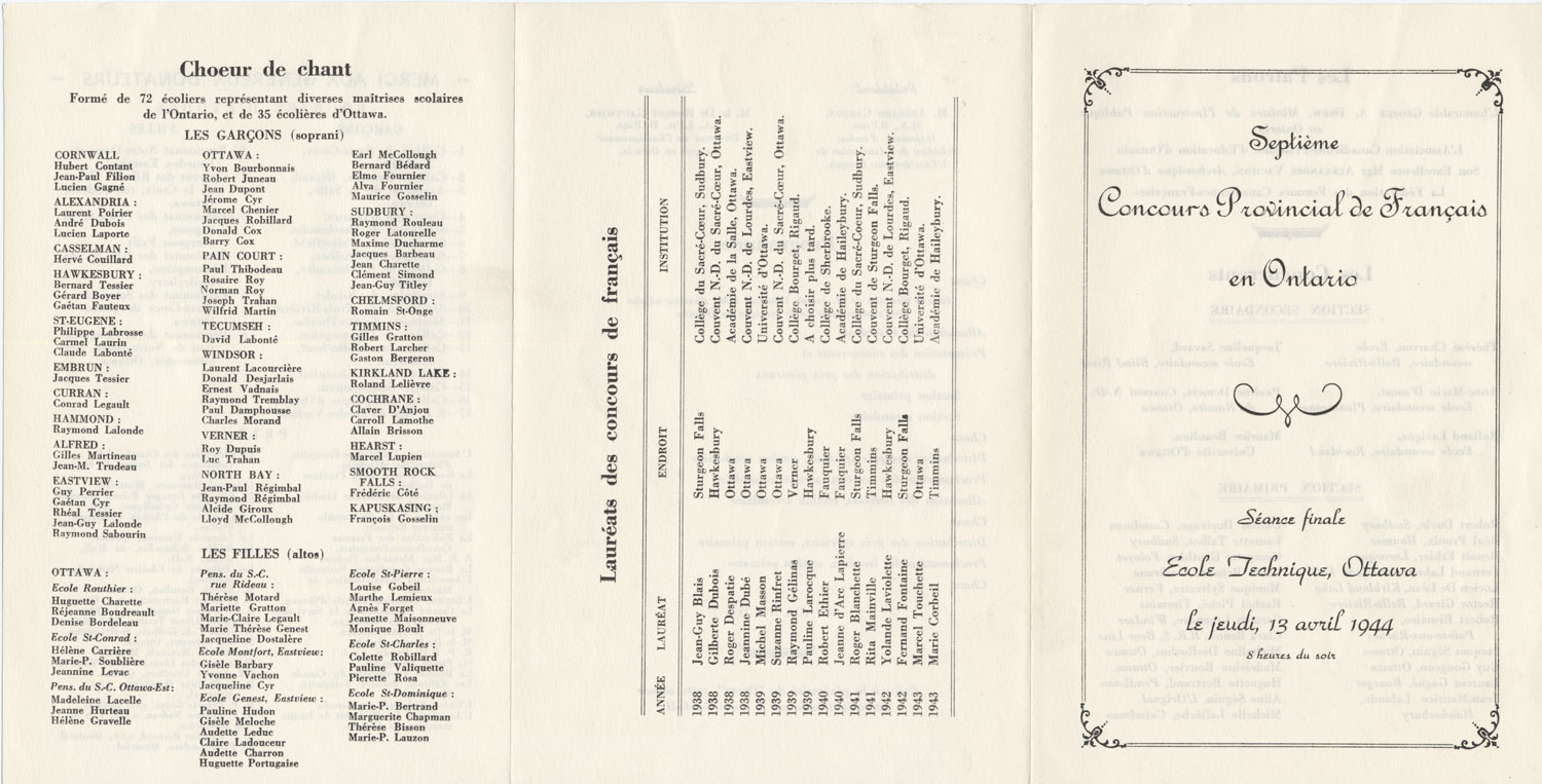Reproduction du recto du dépliant du septième concours provincial de français, séance finale, à l’École technique, Ottawa (Ontario), jeudi 13 avril 1944, avril 1944.