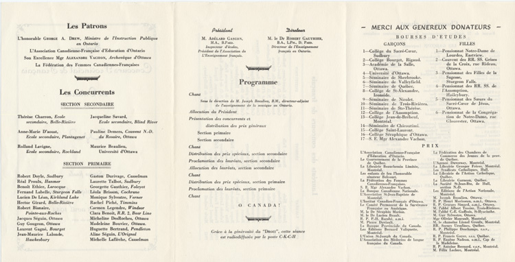 Reproduction du verso du dépliant du septième concours provincial de français, séance finale, à l’École technique, Ottawa (Ontario), jeudi 13 avril 1944, avril 1944.
