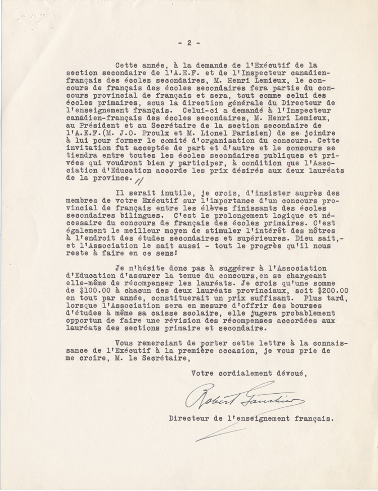 Reproduction de la deuxième page d’une lettre de Robert Gauthier, directeur de l’enseignement du français, ministère de l’éducation de l’Ontario, à Rosario Beaudoin, secrétaire de l’Association canadienne-française d’éducation d’Ontario (ACFEO), 25 janvier 1944.