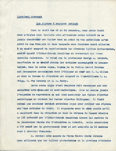 Reproduction de la premi&egrave;re page d’une &eacute;bauche d’un article du p&egrave;re Gustave Sauv&eacute;, pour le journal Le Droit, intitul&eacute;e Une r&eacute;ponse &agrave; Monsieur Cornish, 1946.