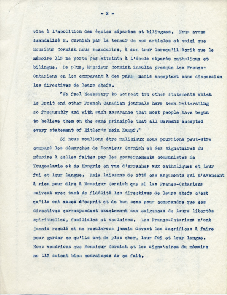 Reproduction de la deuxi&egrave;me page d’une &eacute;bauche d’un article du p&egrave;re Gustave Sauv&eacute;, pour le journal Le Droit, intitul&eacute;e Une r&eacute;ponse &agrave; Monsieur Cornish, 1946.