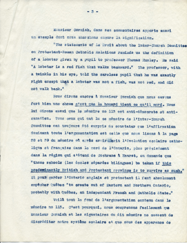 Reproduction de la troisi&egrave;me page d’une &eacute;bauche d’un article du p&egrave;re Gustave Sauv&eacute;, pour le journal Le Droit, intitul&eacute;e Une r&eacute;ponse &agrave; Monsieur Cornish, 1946.