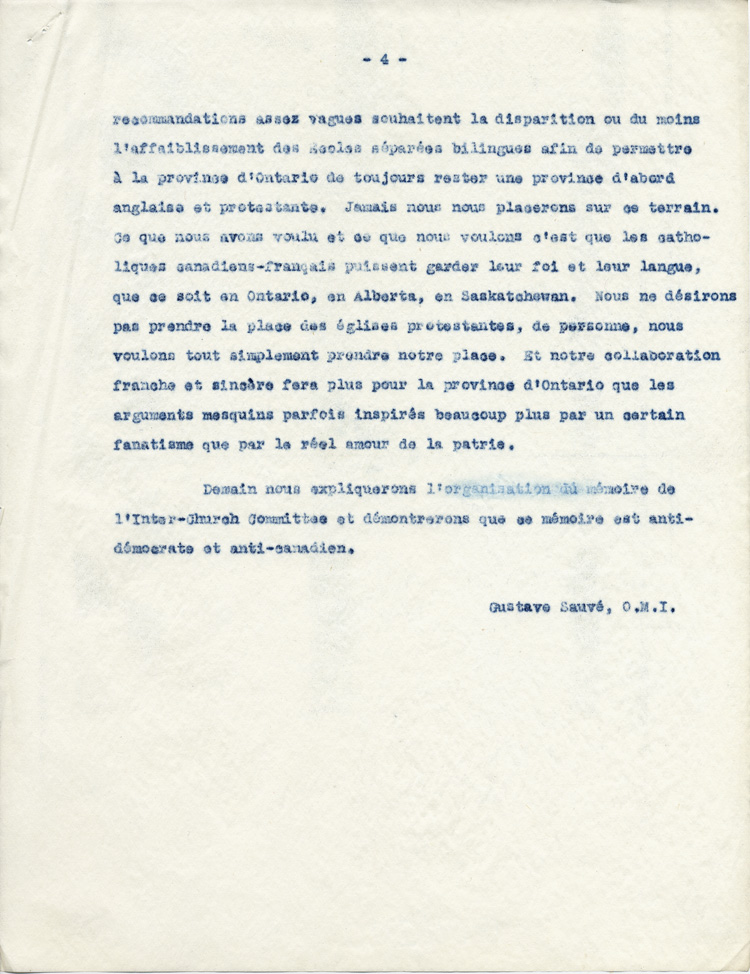 Reproduction de la quatri&egrave;me page d’une &eacute;bauche d’un article du p&egrave;re Gustave Sauv&eacute;, pour le journal Le Droit, intitul&eacute;e Une r&eacute;ponse &agrave; Monsieur Cornish, 1946.