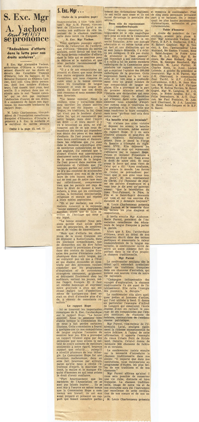 Reproduction d’un article intitul&eacute; S. Exc. Mgr A. Vachon se prononce : Redoublons d’efforts dans la lutte pour nos droits scolaires, paru &agrave; la premi&egrave;re et la douzi&egrave;me page du journal Le Droit, 29 mars 1951.