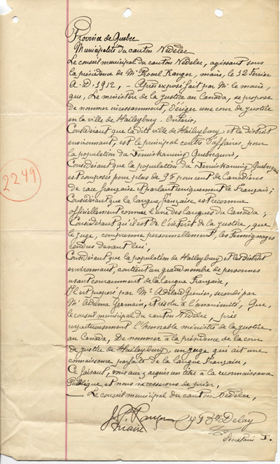 Reproduction d’une r&eacute;solution du Conseil municipal du canton Nedelec (Qu&eacute;bec) demandant la nomination d’un juge ayant une connaissance parfaite de la langue fran&ccedil;aise &agrave; la cour de justice de la ville de Haileybury (Ontario), 12 f&eacute;vrier 1912.