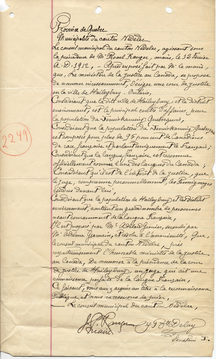 Reproduction d’une r&eacute;solution du Conseil municipal du canton Nedelec (Qu&eacute;bec) demandant la nomination d’un juge ayant une connaissance parfaite de la langue fran&ccedil;aise &agrave; la cour de justice de la ville de Haileybury (Ontario), 12 f&eacute;vrier 1912.