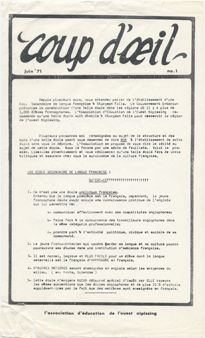 Reproduction de la premi&egrave;re page du premier num&eacute;ro de Coup d’oeil, journal de l’Association d’&eacute;ducation de l’Ouest Nipissing (Ontario), juin 1971.