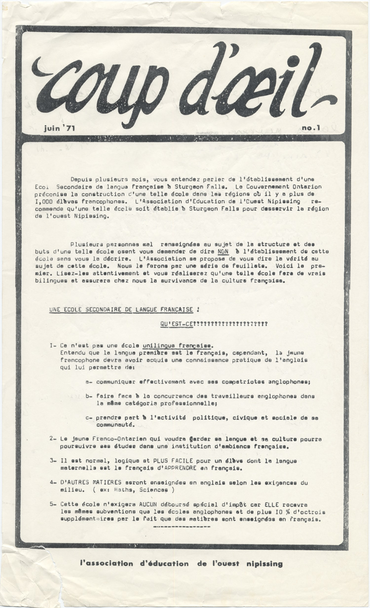 Reproduction de la premi&egrave;re page du premier num&eacute;ro de Coup d’oeil, journal de l’Association d’&eacute;ducation de l’Ouest Nipissing (Ontario), juin 1971.