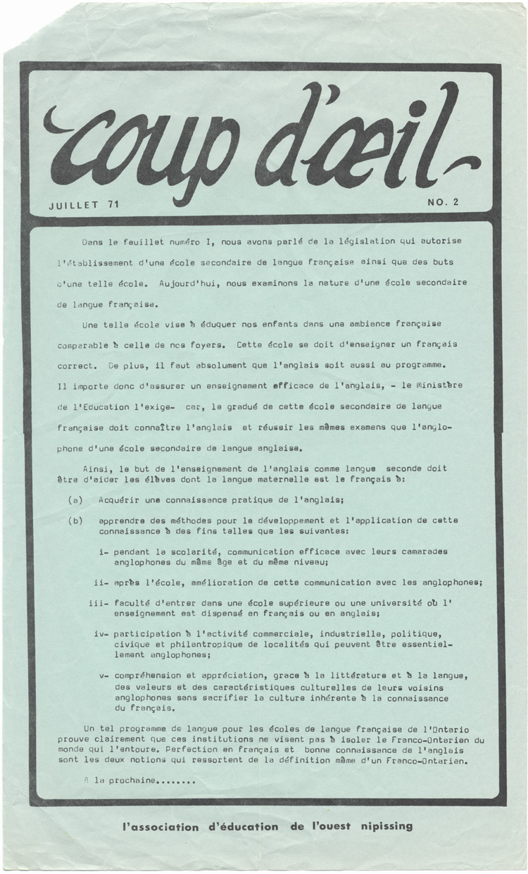 Reproduction de la premi&egrave;re page du deuxi&egrave;me num&eacute;ro de Coup d’oeil, journal de l’Association d’&eacute;ducation de l’Ouest Nipissing (Ontario), juillet 1971.