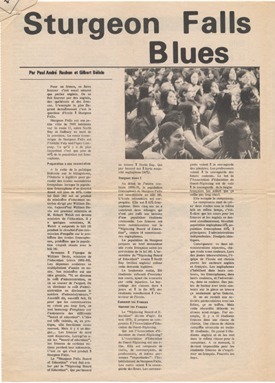 Reproduction d’un article de Paul Andr&eacute; Rochon et Gilbert B&eacute;lisle intitul&eacute; Sturgeon Falls Blues et paru dans La Rotonde, 1er octobre 1971.