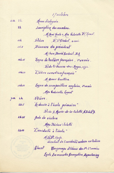 Reproduction de la deuxi&egrave;me page du programme du congr&egrave;s des instituteurs bilingues du district d’inspection de l’inspecteur R&eacute;mi Millette, tenu &agrave; Kapuskasing (Ontario) en 1940 et organis&eacute; par l’Association de l’enseignement fran&ccedil;ais de l’Ontario, 1940.