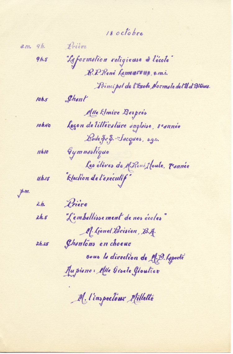 Reproduction de la troisi&egrave;me page du programme du congr&egrave;s des instituteurs bilingues du district d’inspection de l’inspecteur R&eacute;mi Millette, tenu &agrave; Kapuskasing (Ontario) en 1940 et organis&eacute; par l’Association de l’enseignement fran&ccedil;ais de l’Ontario, 1940.