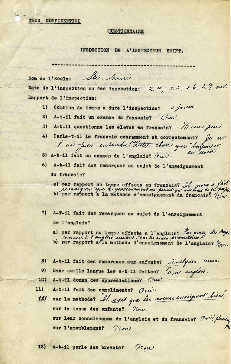 Reproduction de la premi&egrave;re page d’un questionnaire Inspection de l’inspecteur Swift, rempli par soeur Saint-Guillaume, principale de l’&eacute;cole Sainte-Anne d’Ottawa (Ontario), les 24, 25, 26 et 29 novembre [192-?].