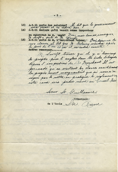 Reproduction de la deuxi&egrave;me page d’un questionnaire Inspection de l’inspecteur Swift, rempli par soeur Saint-Guillaume, principale de l’&eacute;cole Sainte-Anne d’Ottawa (Ontario), les 24, 25, 26 et 29 novembre [192-?].