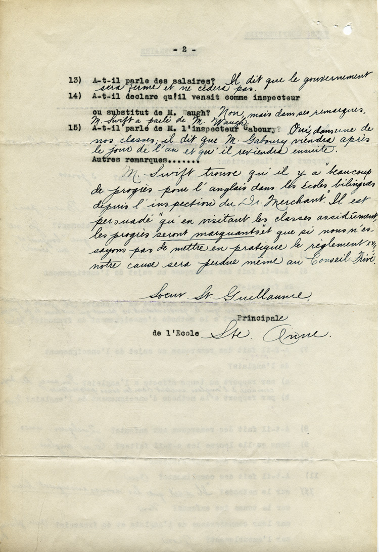 Reproduction de la deuxi&egrave;me page d’un questionnaire Inspection de l’inspecteur Swift, rempli par soeur Saint-Guillaume, principale de l’&eacute;cole Sainte-Anne d’Ottawa (Ontario), les 24, 25, 26 et 29 novembre [192-?].
