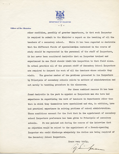 Reproduction de la deuxi&egrave;me page d’une lettre de Leo J. Simpson, ministre de l’&Eacute;ducation de l’Ontario, &agrave; Aim&eacute; Arvisais, secr&eacute;taire de l’Association canadienne-fran&ccedil;aise d’&eacute;ducation d’Ontario (ACFEO), 27 f&eacute;vrier 1940.