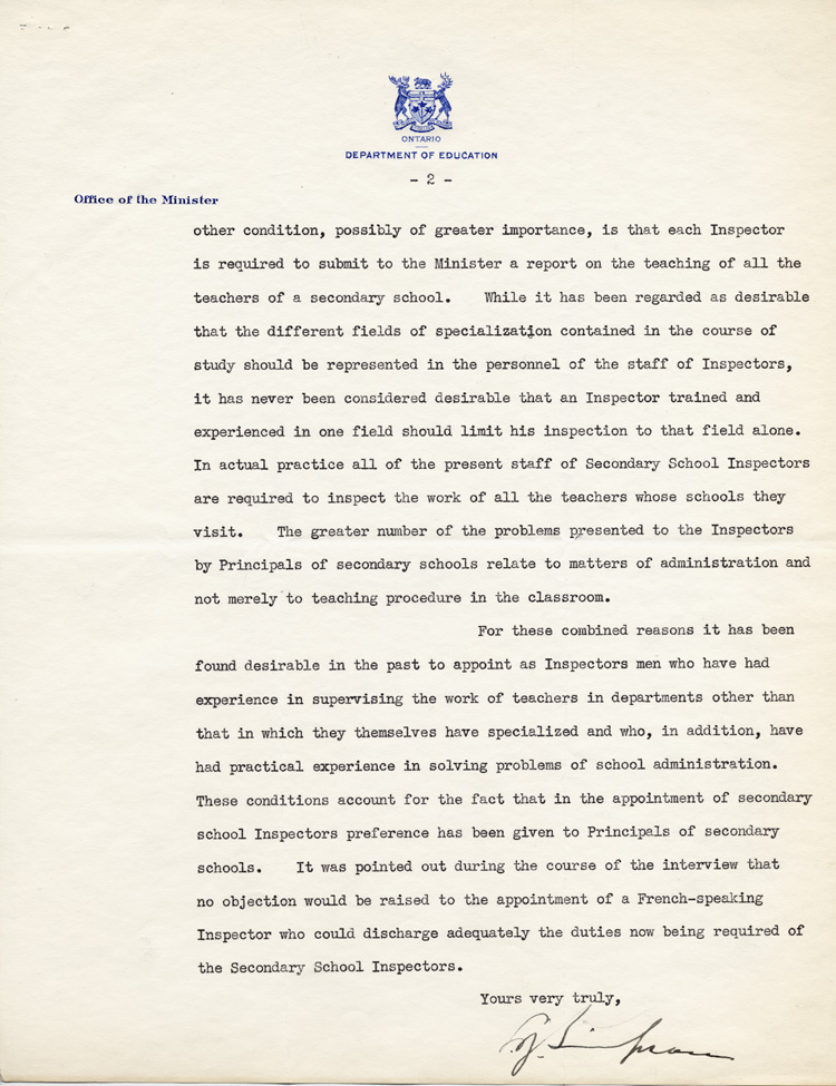 Reproduction de la deuxi&egrave;me page d’une lettre de Leo J. Simpson, ministre de l’&Eacute;ducation de l’Ontario, &agrave; Aim&eacute; Arvisais, secr&eacute;taire de l’Association canadienne-fran&ccedil;aise d’&eacute;ducation d’Ontario (ACFEO), 27 f&eacute;vrier 1940.