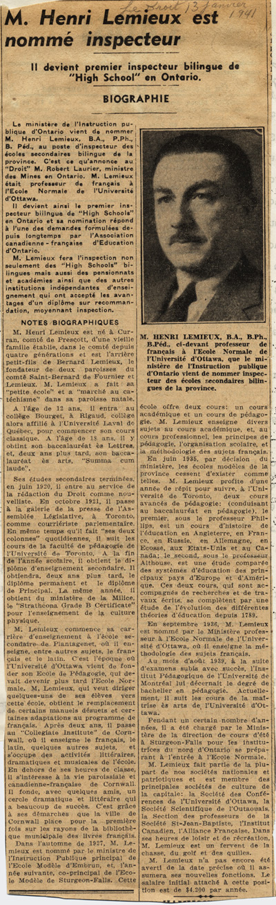 Reproduction d’un article paru dans le journal Le Droit et intitul&eacute; M. Henri Lemieux est nomm&eacute; inspecteur, 13 janvier 1941.