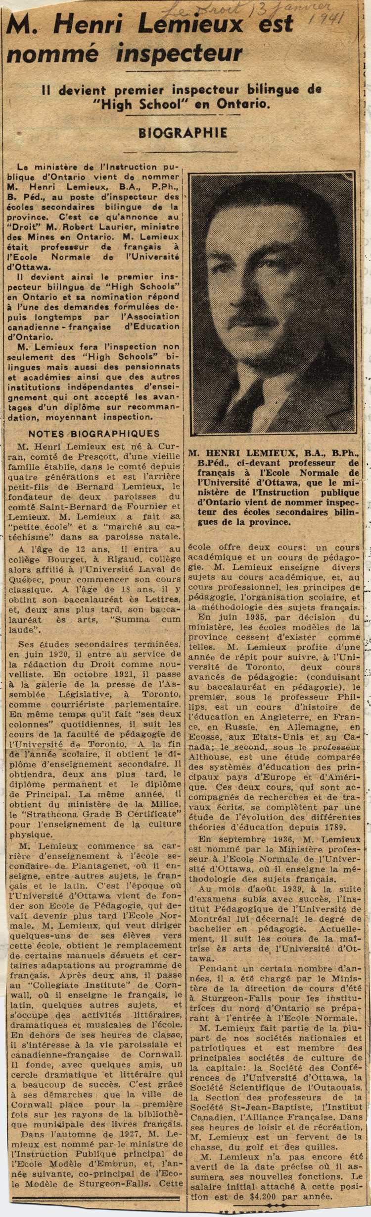 Reproduction d’un article paru dans le journal Le Droit et intitul&eacute; M. Henri Lemieux est nomm&eacute; inspecteur, 13 janvier 1941.
