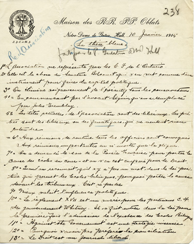Reproduction de La th&egrave;se bleue, rapport pr&eacute;par&eacute; par le p&egrave;re Arthur Guertin, o.m.i., 10 janvier 1915.