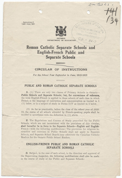 Reproduction de la premi&egrave;re page de Roman Catholic Separate Schools and English-French Public and Separate School (Circular of Instructions no 17) par le Ontario, Department of Education, juin 1912.