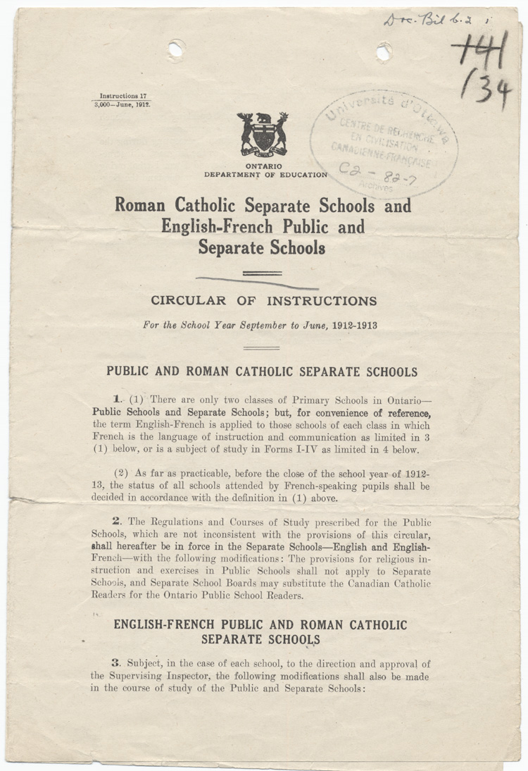 Reproduction de la premi&egrave;re page de Roman Catholic Separate Schools and English-French Public and Separate School (Circular of Instructions no 17) par le Ontario, Department of Education, juin 1912.