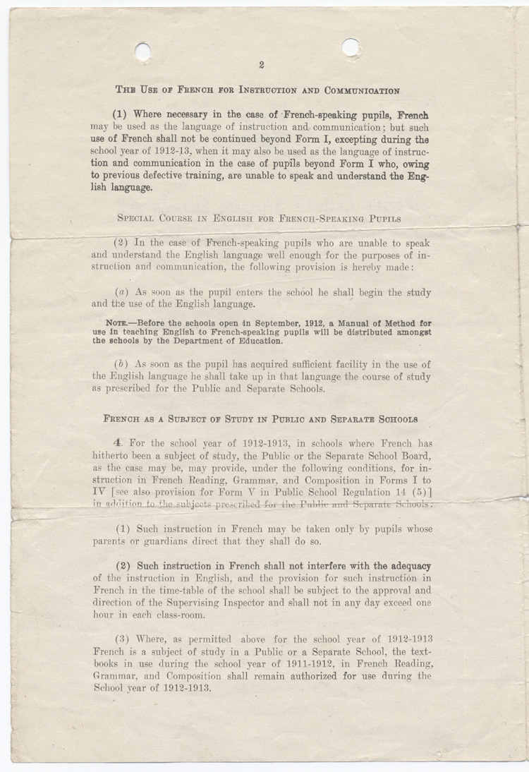Reproduction de la deuxi&egrave;me page de Roman Catholic Separate Schools and English-French Public and Separate School (Circular of Instructions no 17) par le Ontario, Department of Education, juin 1912.
