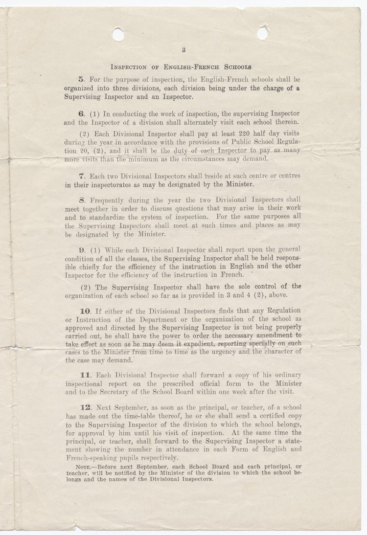 Reproduction de la troisi&egrave;me page de Roman Catholic Separate Schools and English-French Public and Separate School (Circular of Instructions no 17) par le Ontario, Department of Education, juin 1912.