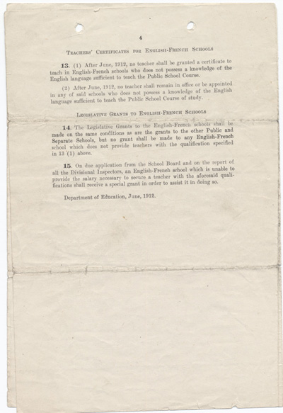 Reproduction de la quatri&egrave;me page de Roman Catholic Separate Schools and English-French Public and Separate School (Circular of Instructions no 17) par le Ontario, Department of Education, juin 1912.