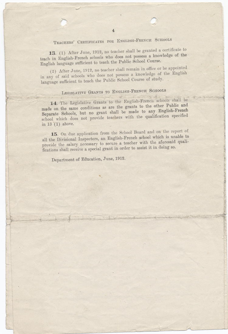 Reproduction de la quatri&egrave;me page de Roman Catholic Separate Schools and English-French Public and Separate School (Circular of Instructions no 17) par le Ontario, Department of Education, juin 1912.