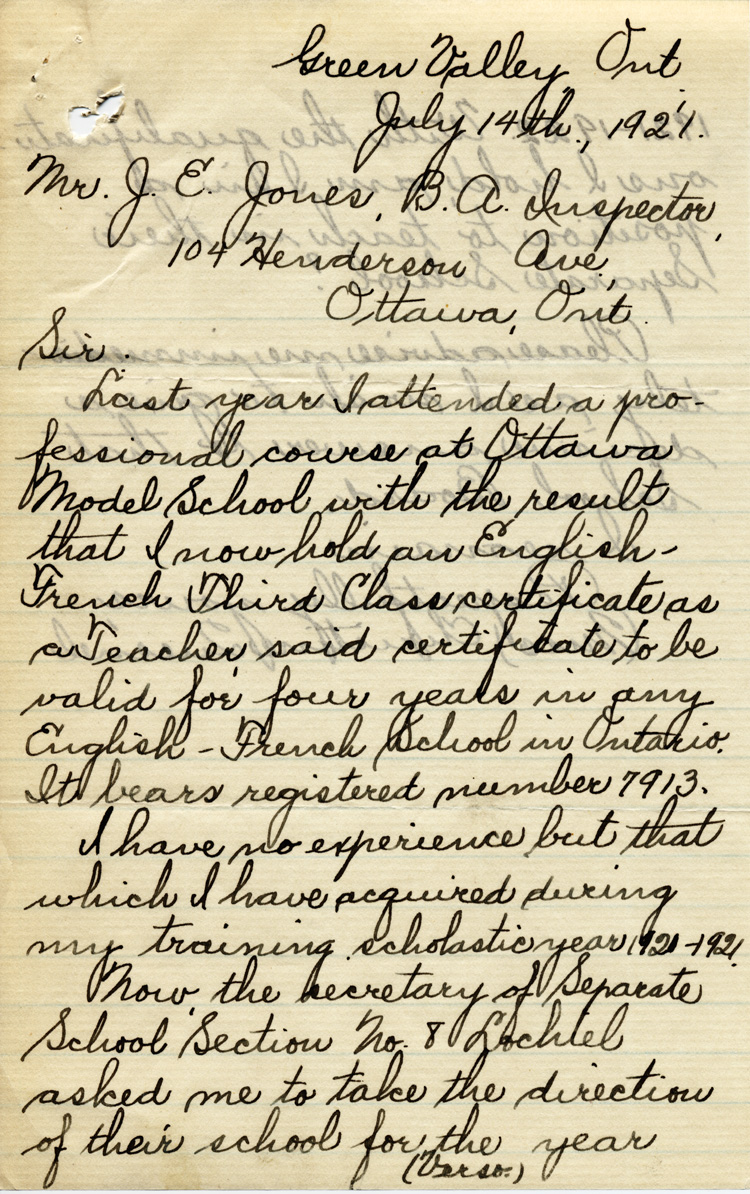 Reproduction de la premi&egrave;re page d’une copie d’une lettre de Christine Quesnel &agrave; J. E. Jones, inspecteur des &eacute;coles s&eacute;par&eacute;es, 14 juillet 1921.