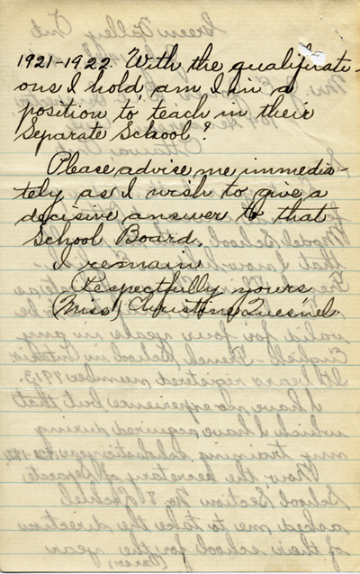 Reproduction de la deuxi&egrave;me page d’une copie d’une lettre de Christine Quesnel &agrave; J. E. Jones, inspecteur des &eacute;coles s&eacute;par&eacute;es, 14 juillet 1921.