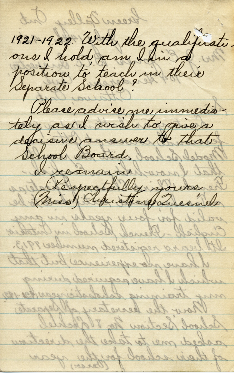 Reproduction de la deuxi&egrave;me page d’une copie d’une lettre de Christine Quesnel &agrave; J. E. Jones, inspecteur des &eacute;coles s&eacute;par&eacute;es, 14 juillet 1921.