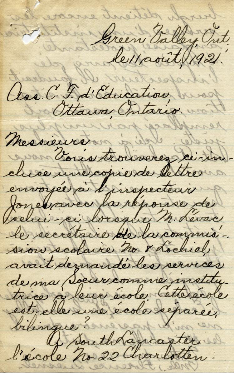 Reproduction de la premi&egrave;re page d’une lettre de Florence Quesnel, enseignante &agrave; Green Valley (Ontario), &agrave; l’Association canadienne-fran&ccedil;aise d’&eacute;ducation d’Ontario (ACFEO), 11 ao&ucirc;t 1921.