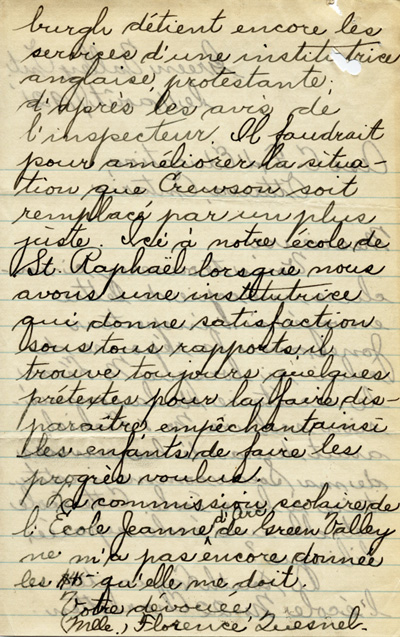 Reproduction de la deuxi&egrave;me page d’une lettre de Florence Quesnel, enseignante &agrave; Green Valley (Ontario), &agrave; l’Association canadienne-fran&ccedil;aise d’&eacute;ducation d’Ontario (ACFEO), 11 ao&ucirc;t 1921
