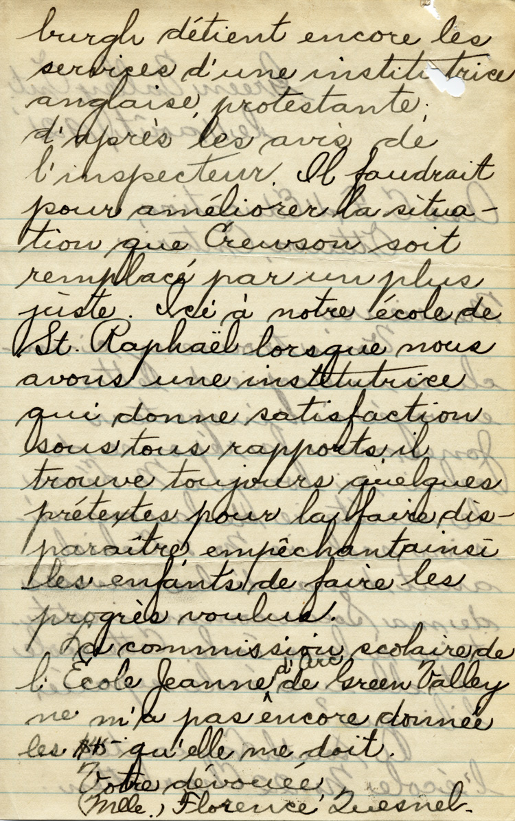 Reproduction de la deuxi&egrave;me page d’une lettre de Florence Quesnel, enseignante &agrave; Green Valley (Ontario), &agrave; l’Association canadienne-fran&ccedil;aise d’&eacute;ducation d’Ontario (ACFEO), 11 ao&ucirc;t 1921