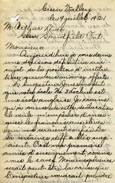 Reproduction de la premi&egrave;re page d’une copie d’une lettre de Christine Quesnel, enseignante &agrave; Green Valley (Ontario), &agrave; Arthur L&eacute;vec, secr&eacute;taire du Conseil des &eacute;coles s&eacute;par&eacute;es no 8 de Lochiel (Ontario), 19 juillet 1921.