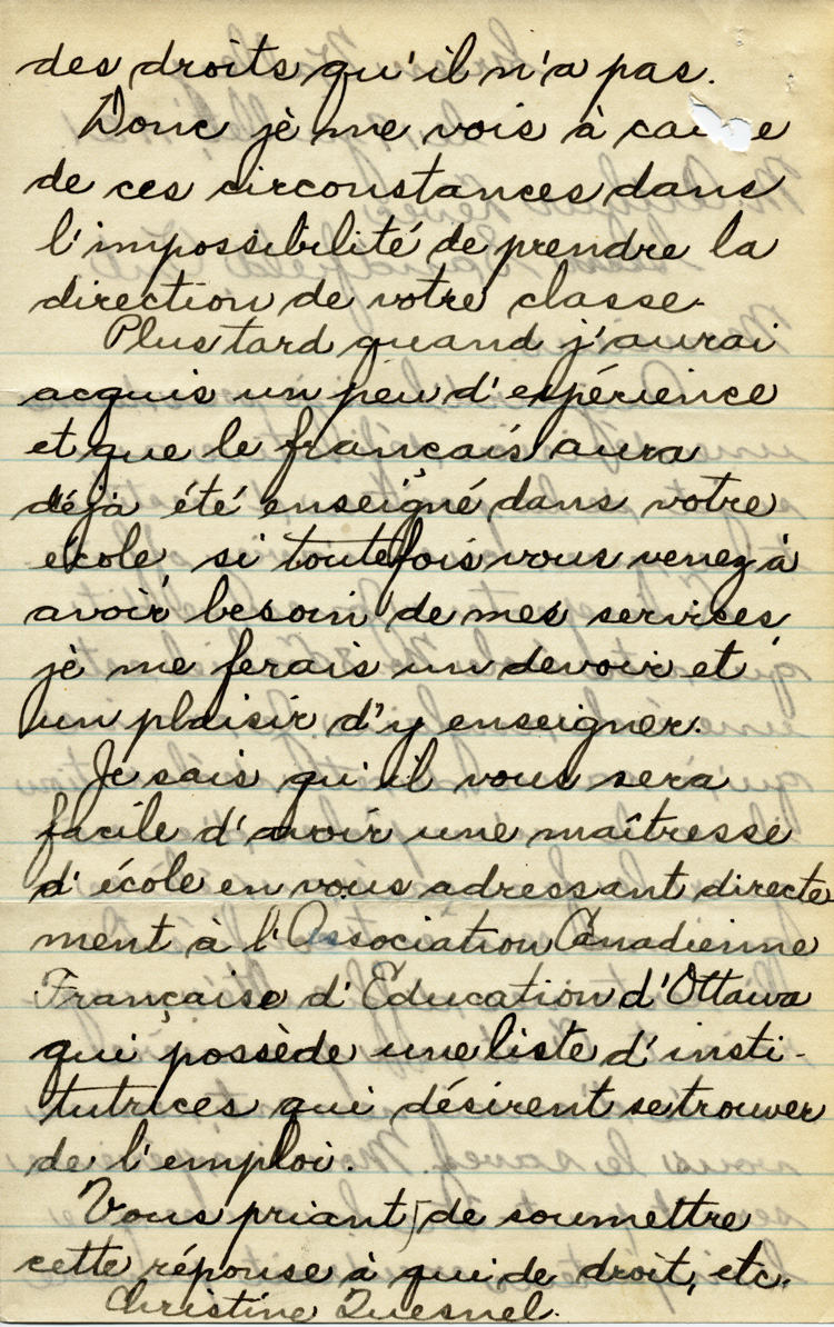 Reproduction de la deuxi&egrave;me page d’une copie d’une lettre de Christine Quesnel, enseignante &agrave; Green Valley (Ontario), &agrave; Arthur L&eacute;vec, secr&eacute;taire du Conseil des &eacute;coles s&eacute;par&eacute;es no 8 de Lochiel (Ontario), 19 juillet 1921.