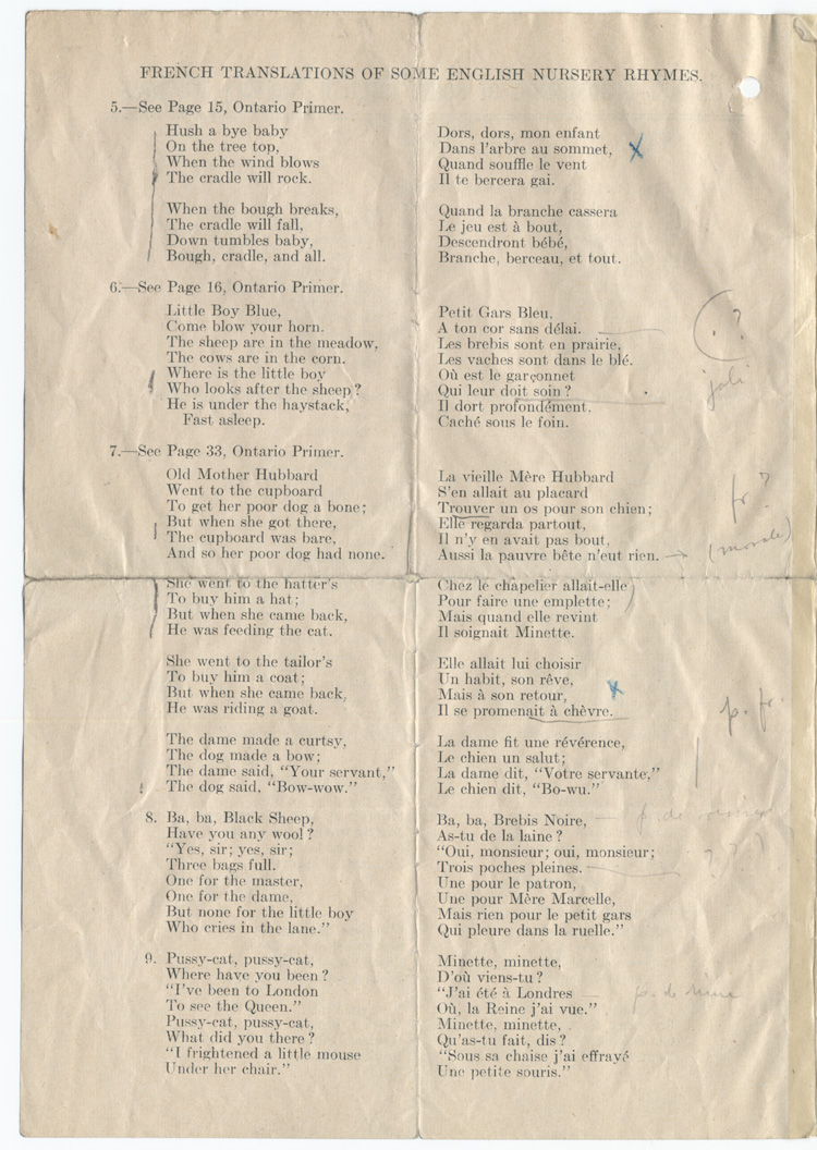 Reproduction de la deuxi&egrave;me page de French Translation of Some English Nursery Rhymes, par J. C. Walsh, inspecteur des &eacute;coles de Prescott et Russell (Ontario), [avant 1926].
