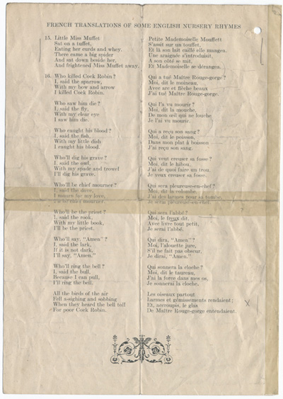 Reproduction de la quatri&egrave;me page de French Translation of Some English Nursery Rhymes, par J. C. Walsh, inspecteur des &eacute;coles de Prescott et Russell (Ontario), [avant 1926].