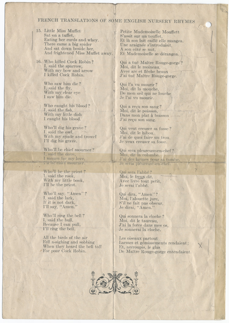 Reproduction de la quatri&egrave;me page de French Translation of Some English Nursery Rhymes, par J. C. Walsh, inspecteur des &eacute;coles de Prescott et Russell (Ontario), [avant 1926].