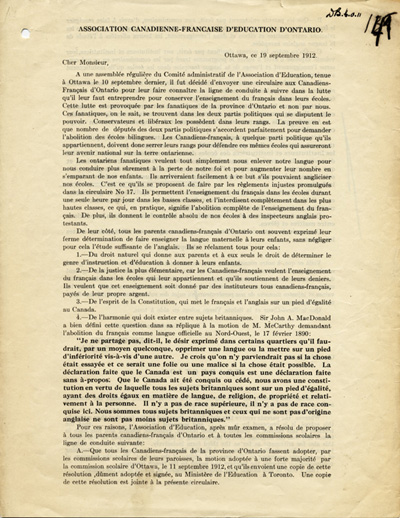 Reproduction de la premi&egrave;re page de la Circulaire num&eacute;ro soixante-sept de l’Association canadienne-fran&ccedil;aise d’&eacute;ducation d’Ontario (ACFEO) appelant les commissions scolaires franco-ontariennes &agrave; la r&eacute;sistance contre le R&egrave;glement XVII, 19 septembre 1912.